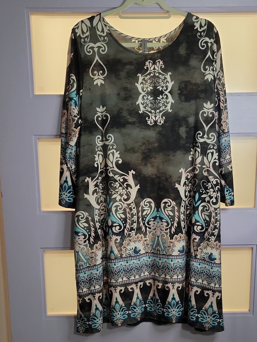 Honeyme Black Dress with Teal and White Ornamental Print